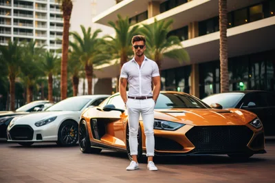 Stylish Man Standing Before Luxury Sports Cars