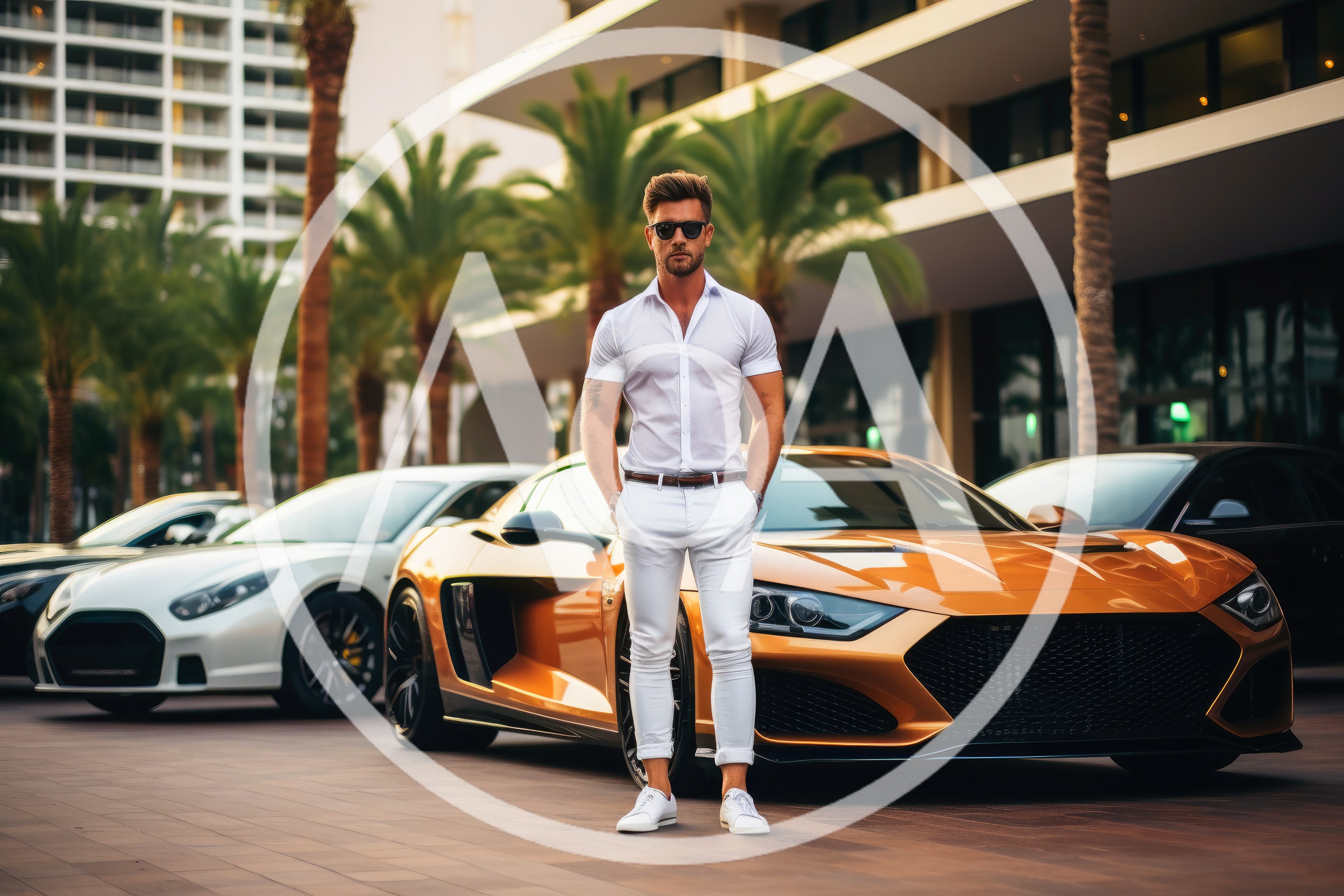 Stylish Man Standing Before Luxury Sports Cars