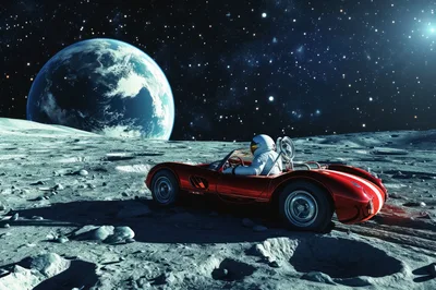 Astronaut Driving A Vintage Red Sports Car On The Moon