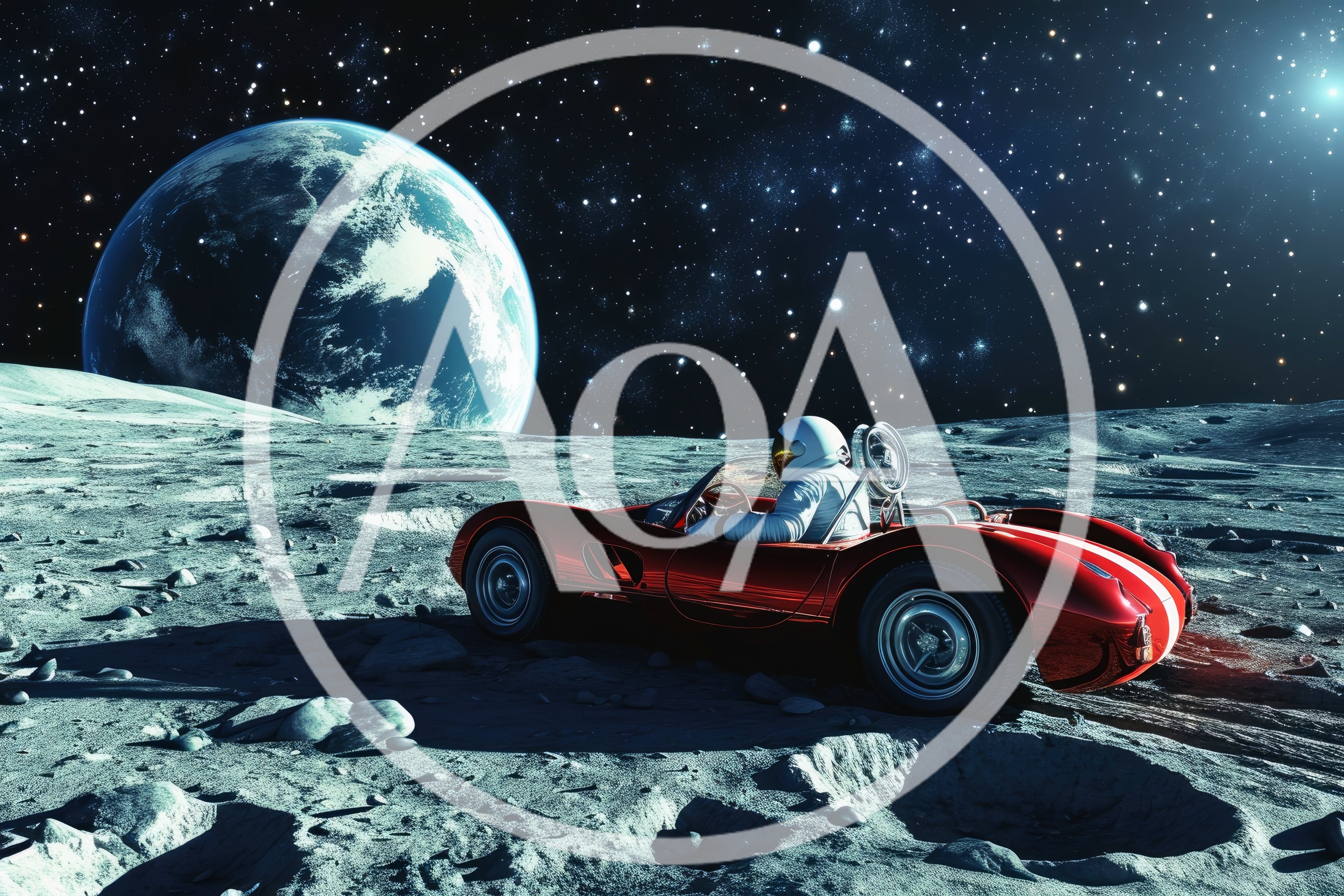 Astronaut Driving A Vintage Red Sports Car On The Moon