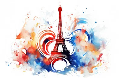 Eiffel Tower Illustration With Abstract Watercolor Splatter