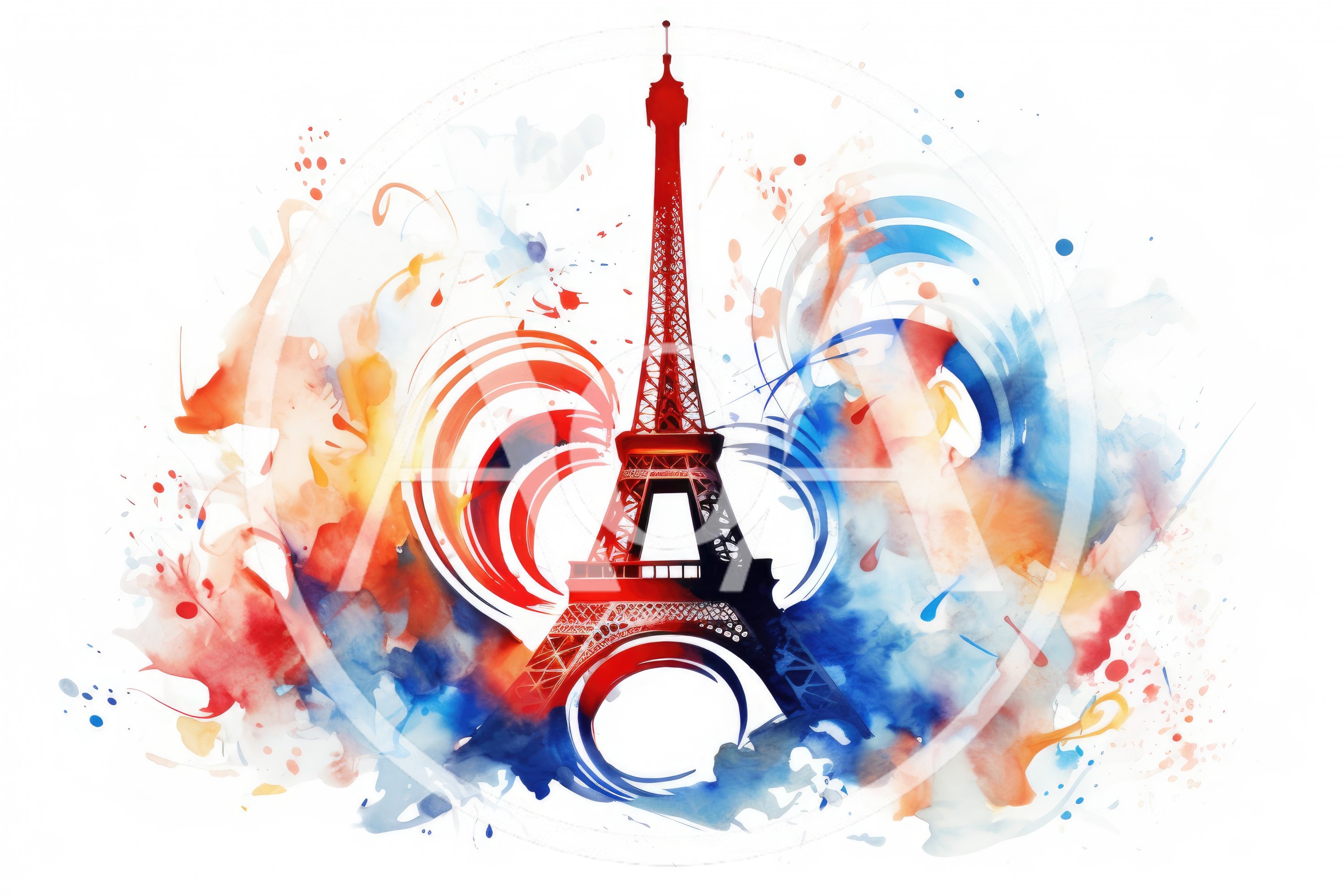 Eiffel Tower Illustration With Abstract Watercolor Splatter