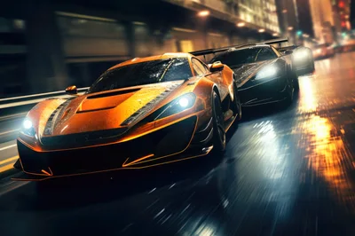Two Supercars Racing Through A Wet City Street