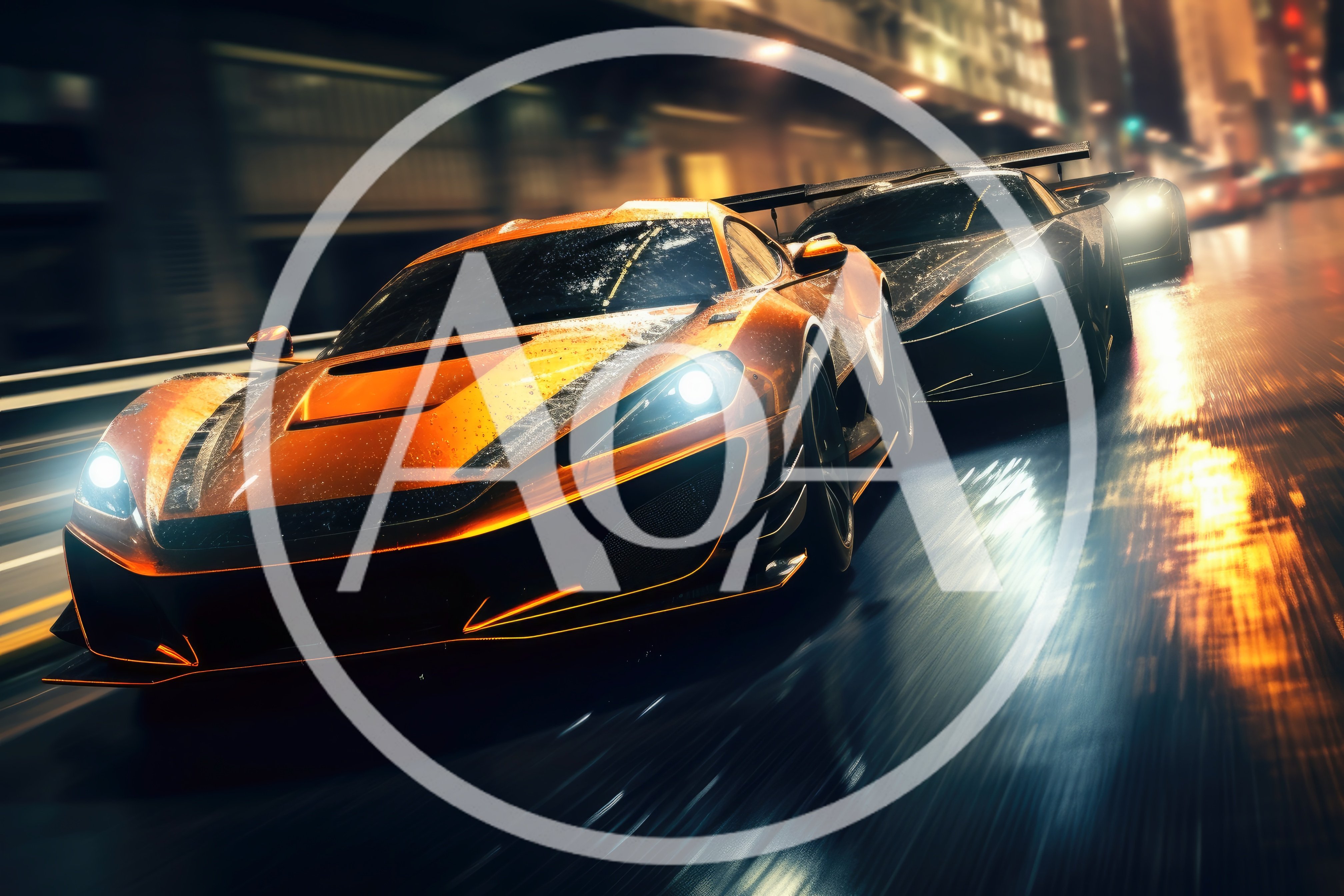 Two Supercars Racing Through A Wet City Street