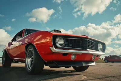 Red Classic Muscle Car Parked Under Blue Sky