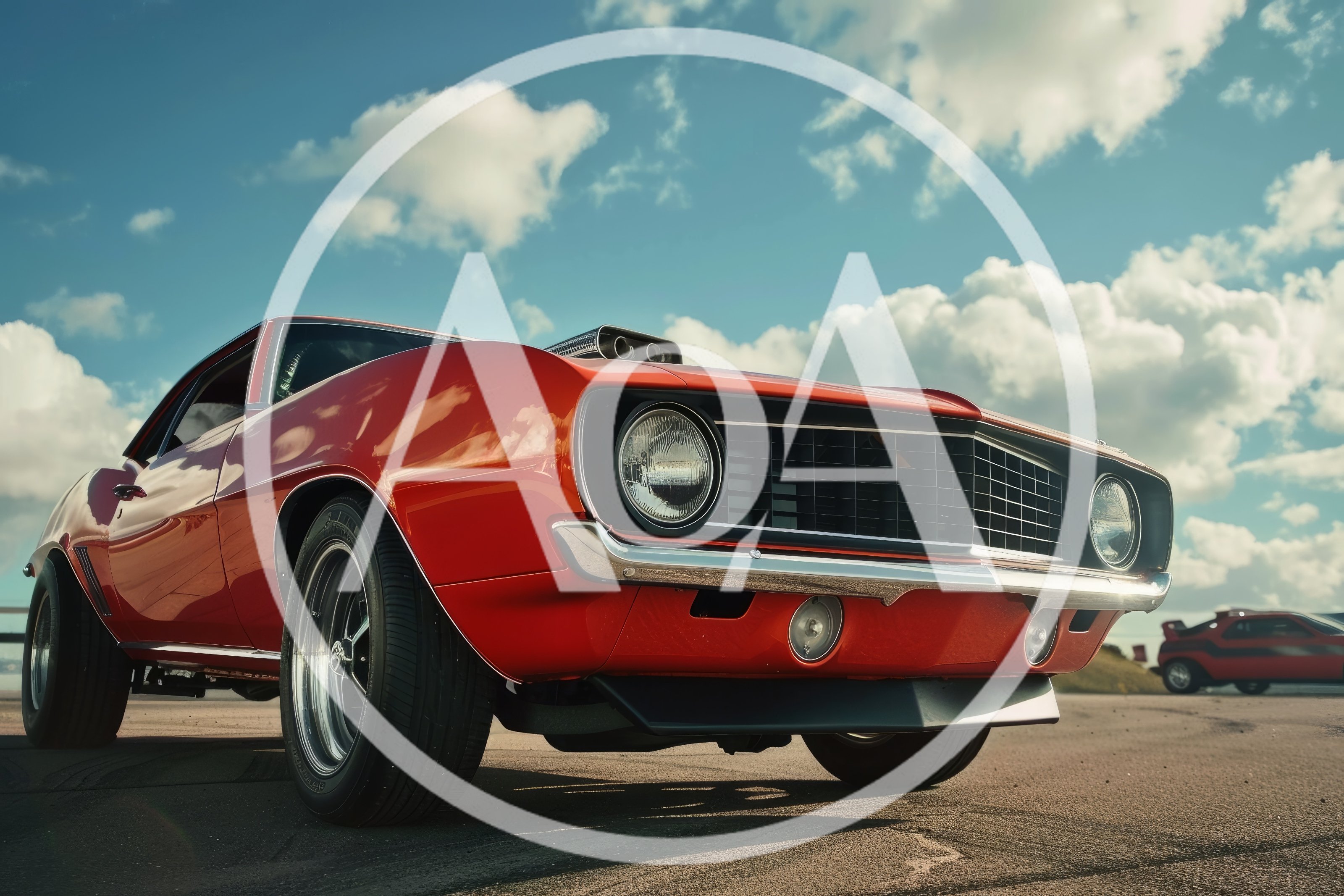 Red Classic Muscle Car Parked Under Blue Sky