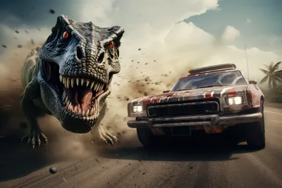 T-Rex Chasing A Damaged Car On A Road