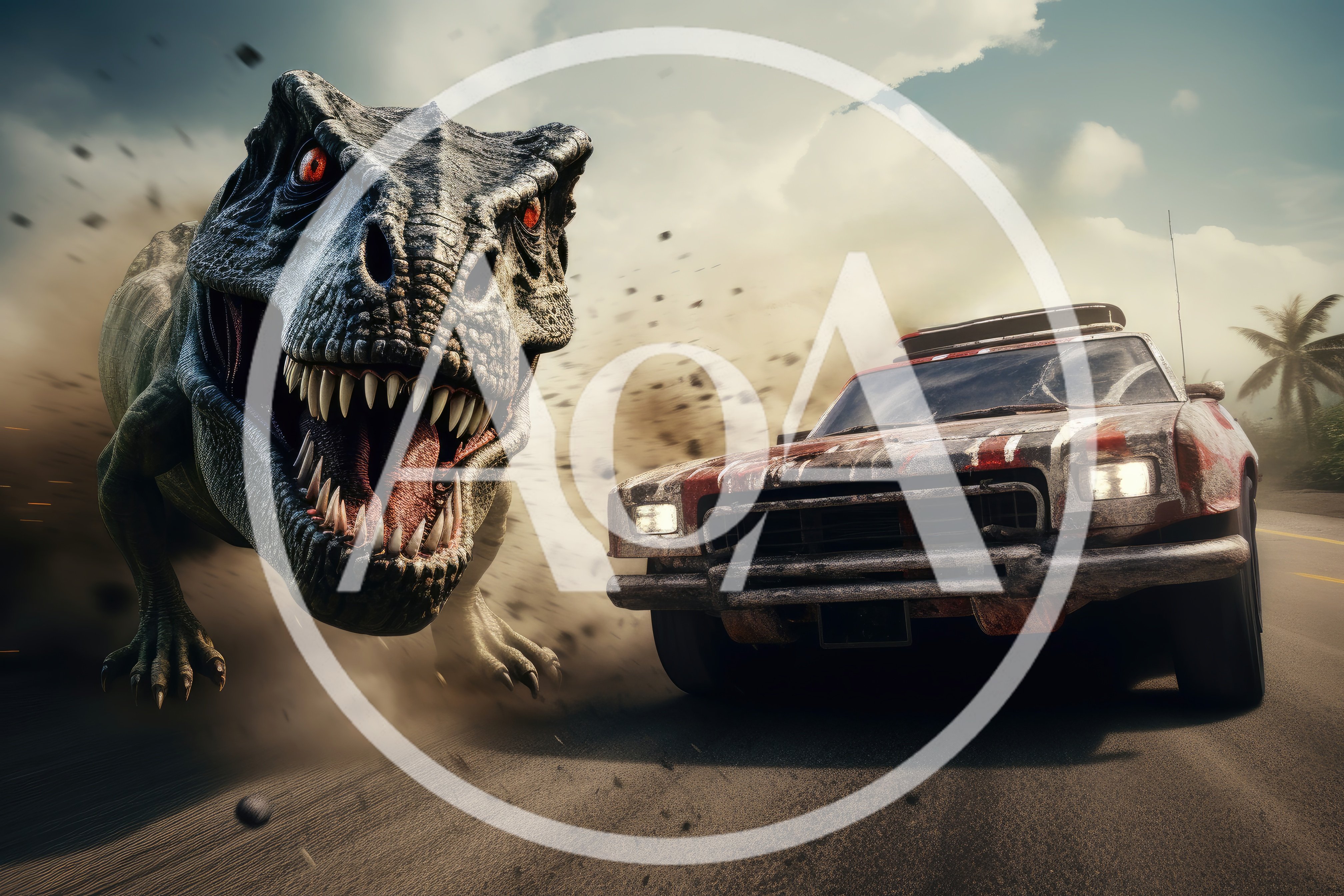 T-Rex Chasing A Damaged Car On A Road