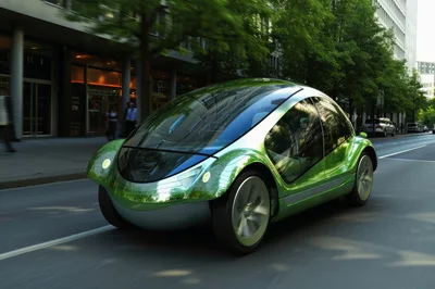 Futuristic Green Concept Car Driving On City Street
