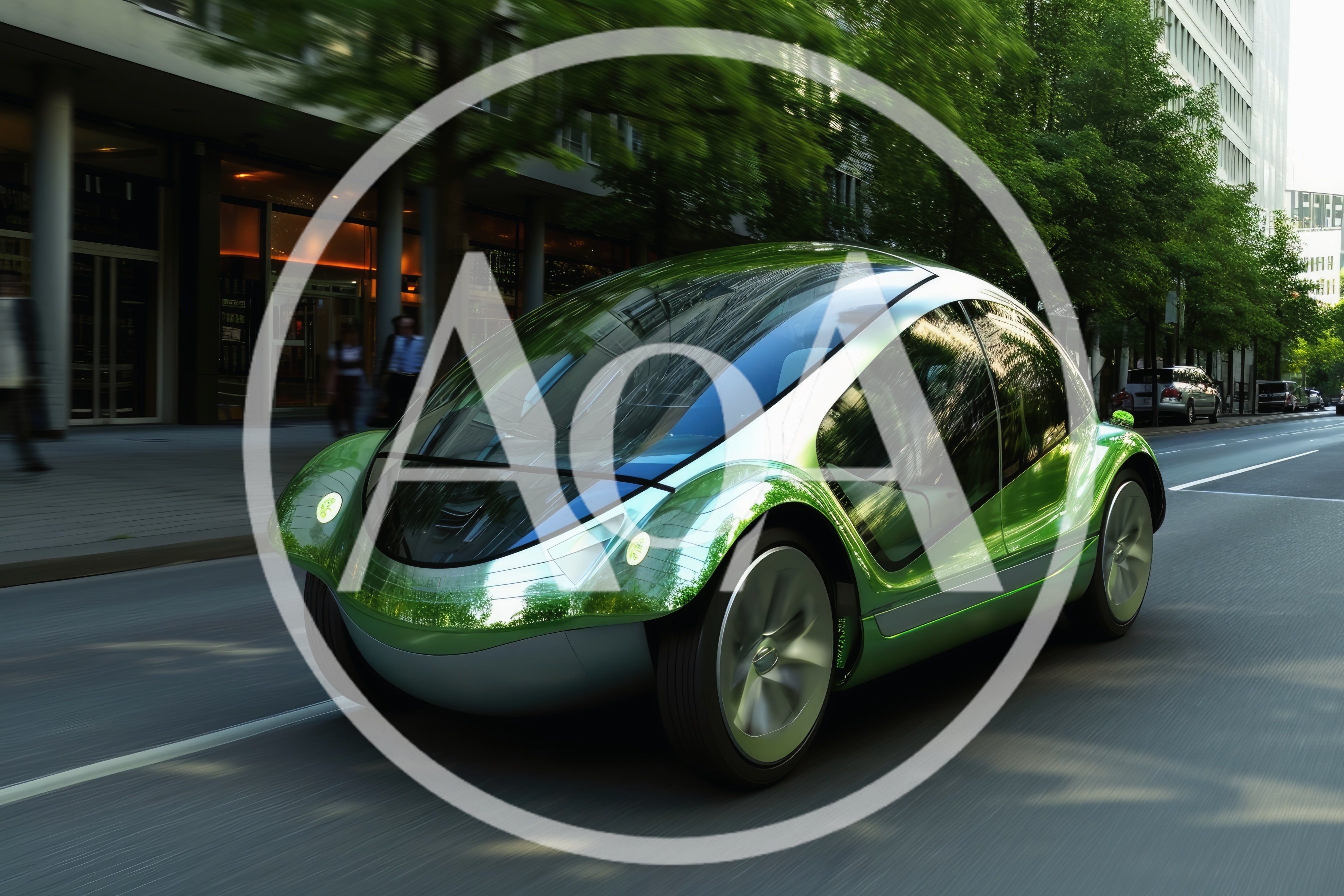 Futuristic Green Concept Car Driving On City Street