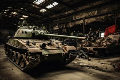 Abandoned Military Tank Inside A Dilapidated Industrial Warehouse