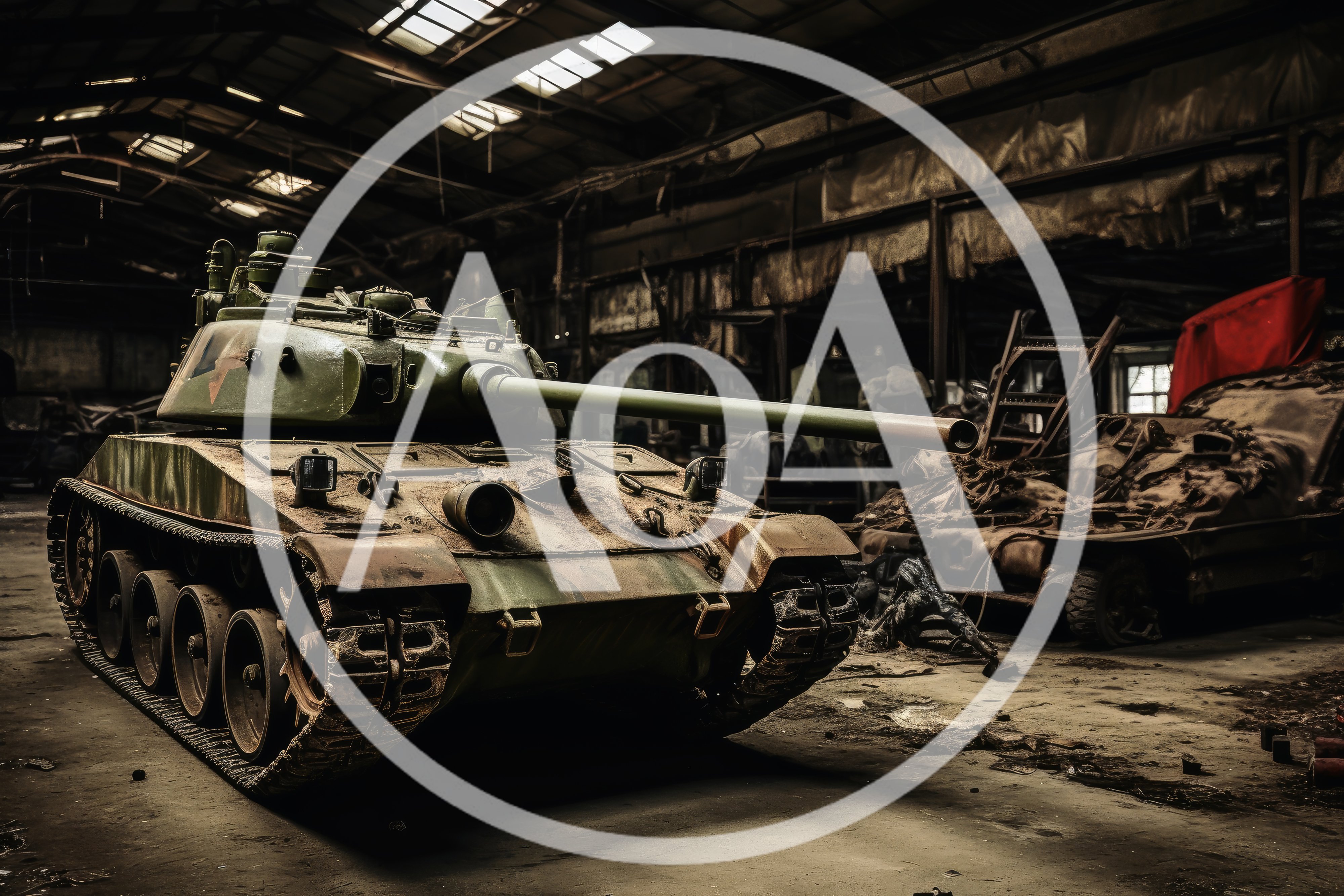 Abandoned Military Tank Inside A Dilapidated Industrial Warehouse