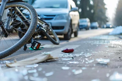 Fallen Bicycle and Broken Glass on Roadside