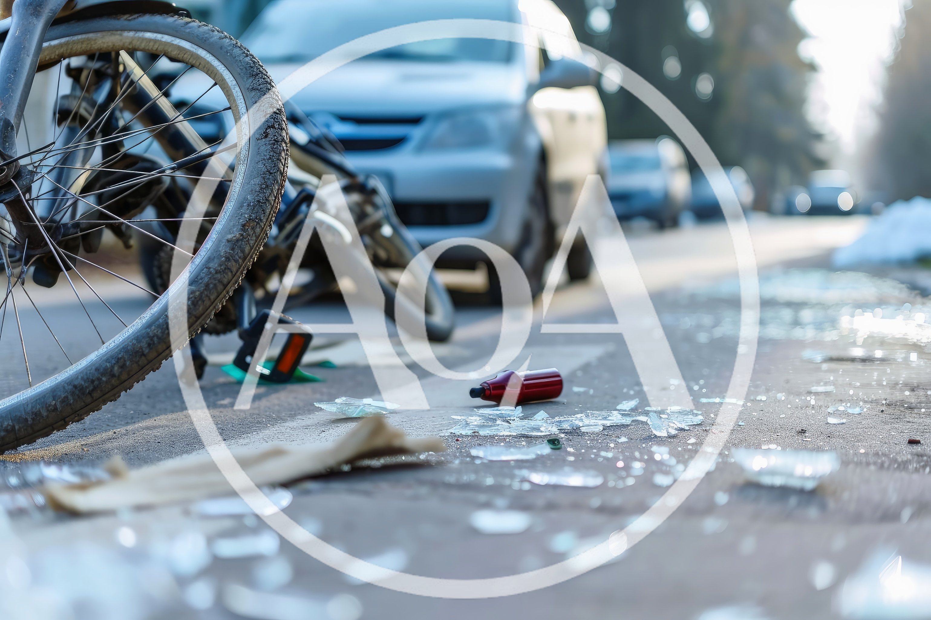 Fallen Bicycle and Broken Glass on Roadside