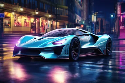 Futuristic Cyan Supercar Parked On Wet City Street