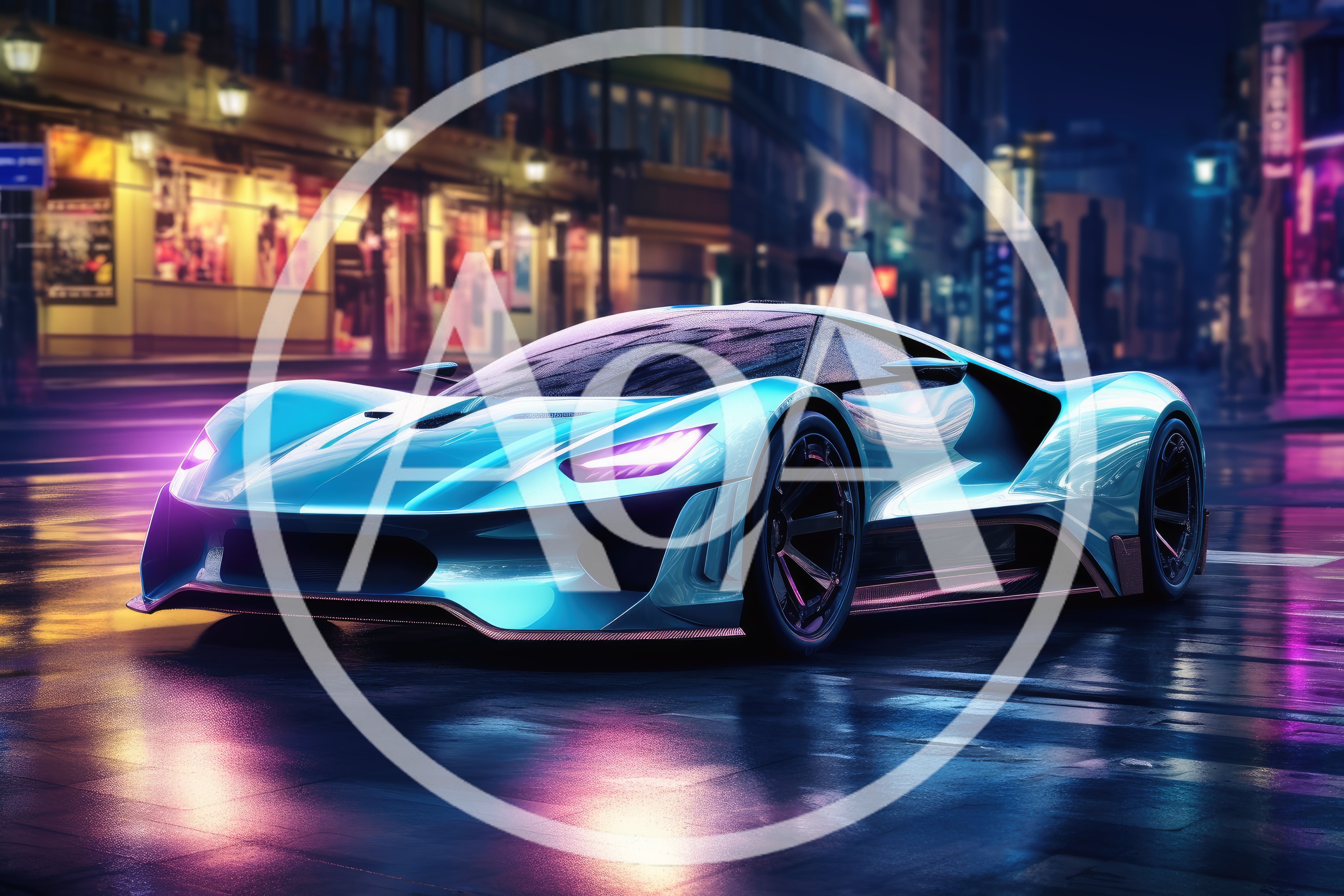 Futuristic Cyan Supercar Parked On Wet City Street