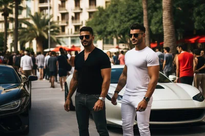 Two Muscular Men Standing Beside Luxury Sports Cars