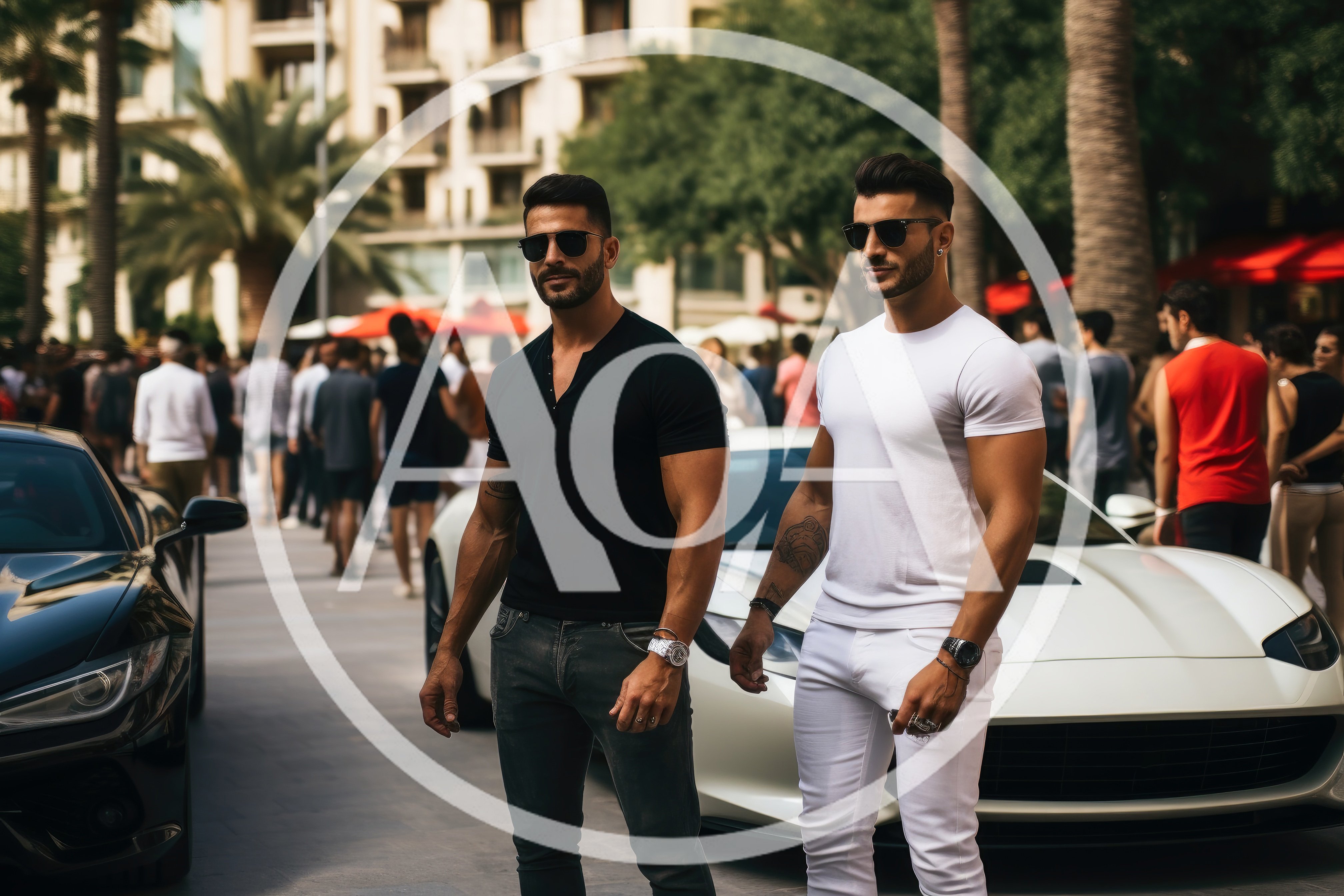 Two Muscular Men Standing Beside Luxury Sports Cars