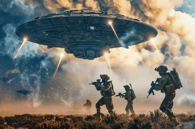 Soldiers Engaging Alien Spaceship In Battlefield