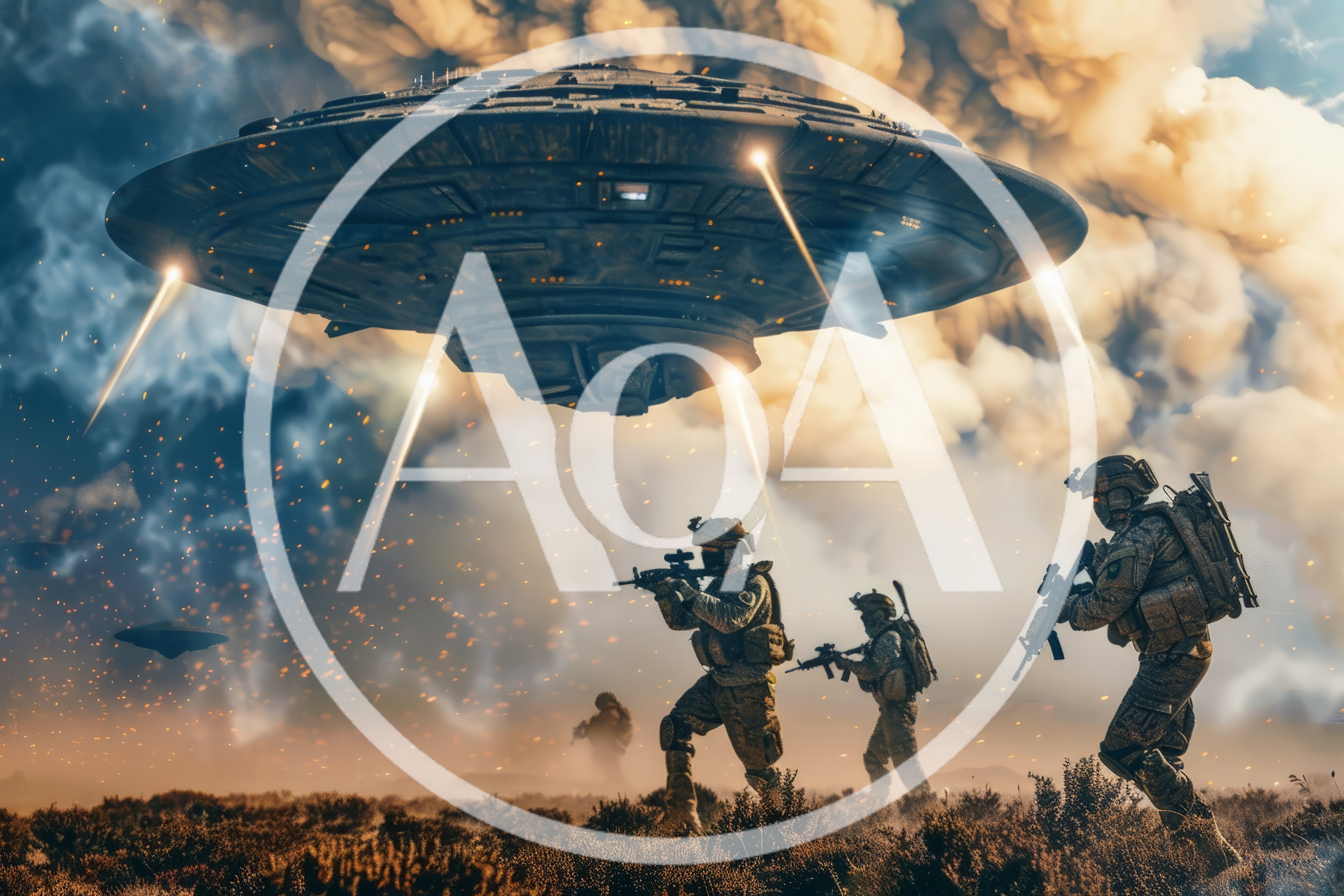 Soldiers Engaging Alien Spaceship In Battlefield