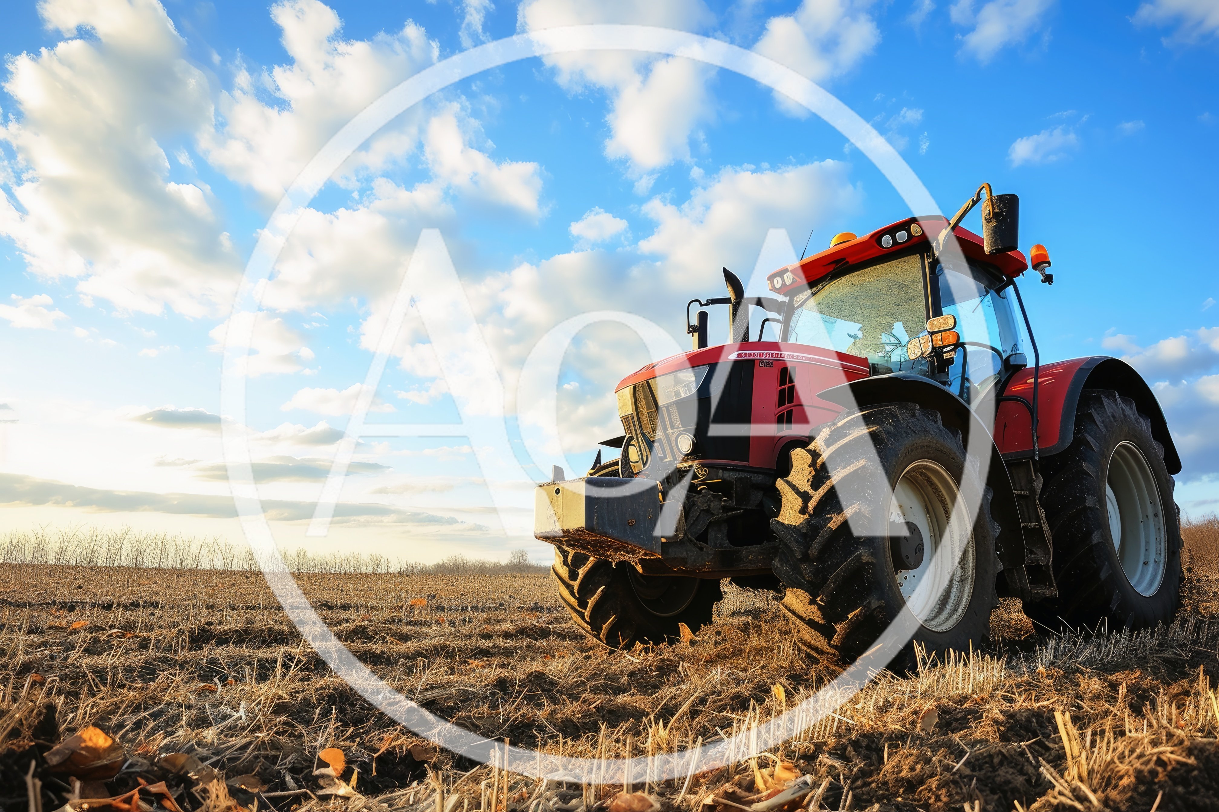 Red Tractor Parked In A Harvested Field