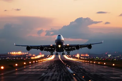 Large Passenger Airplane Taking Off At Sunset