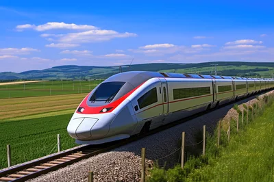 Modern High Speed Train Traveling Through Rural Landscape
