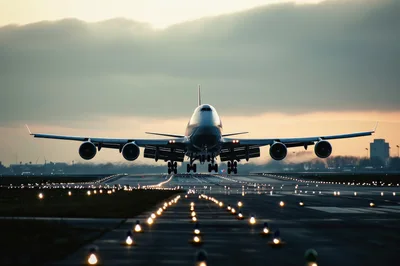 Boeing 747 Jumbo Jet Landing On Airport Runway