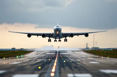 Commercial Airplane Landing on Wet Airport Runway