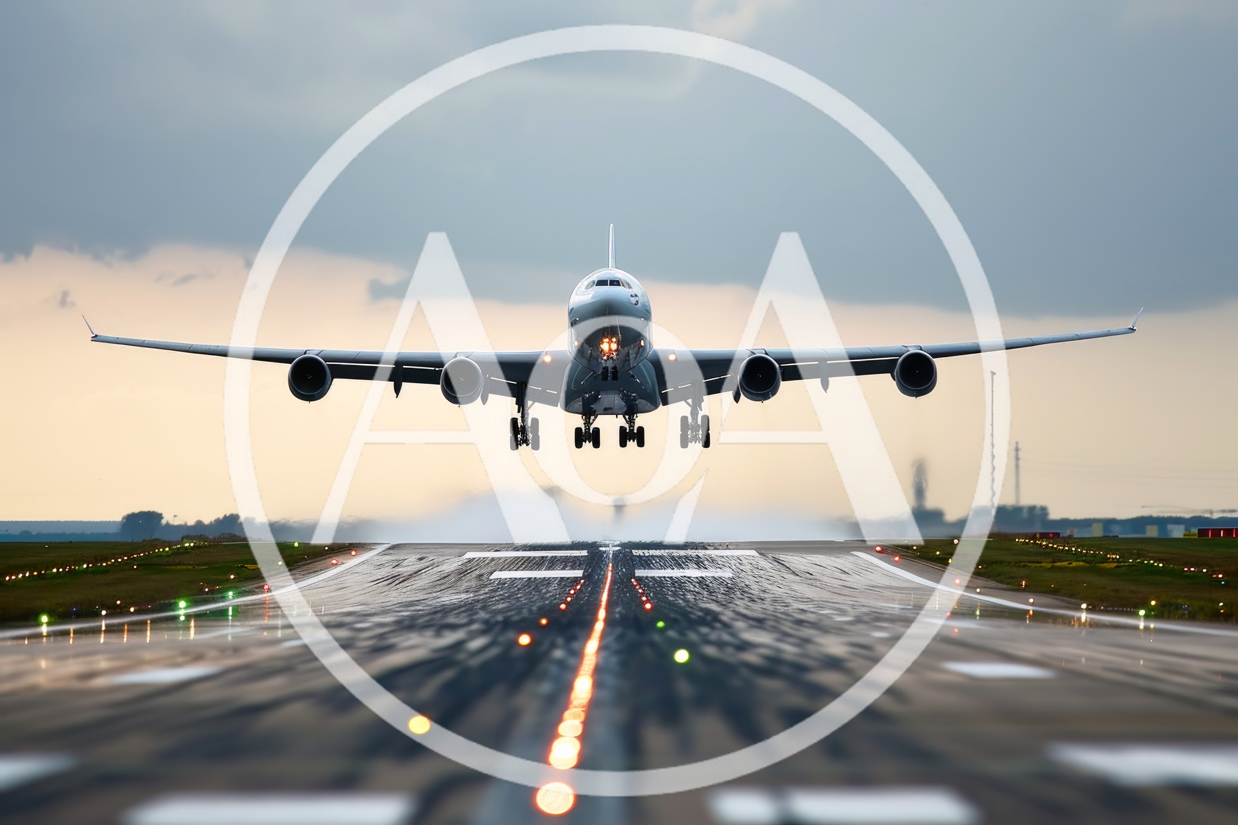 Commercial Airplane Landing on Wet Airport Runway