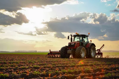 Red Tractor Tilling Soil In Agricultural Field At Sunset