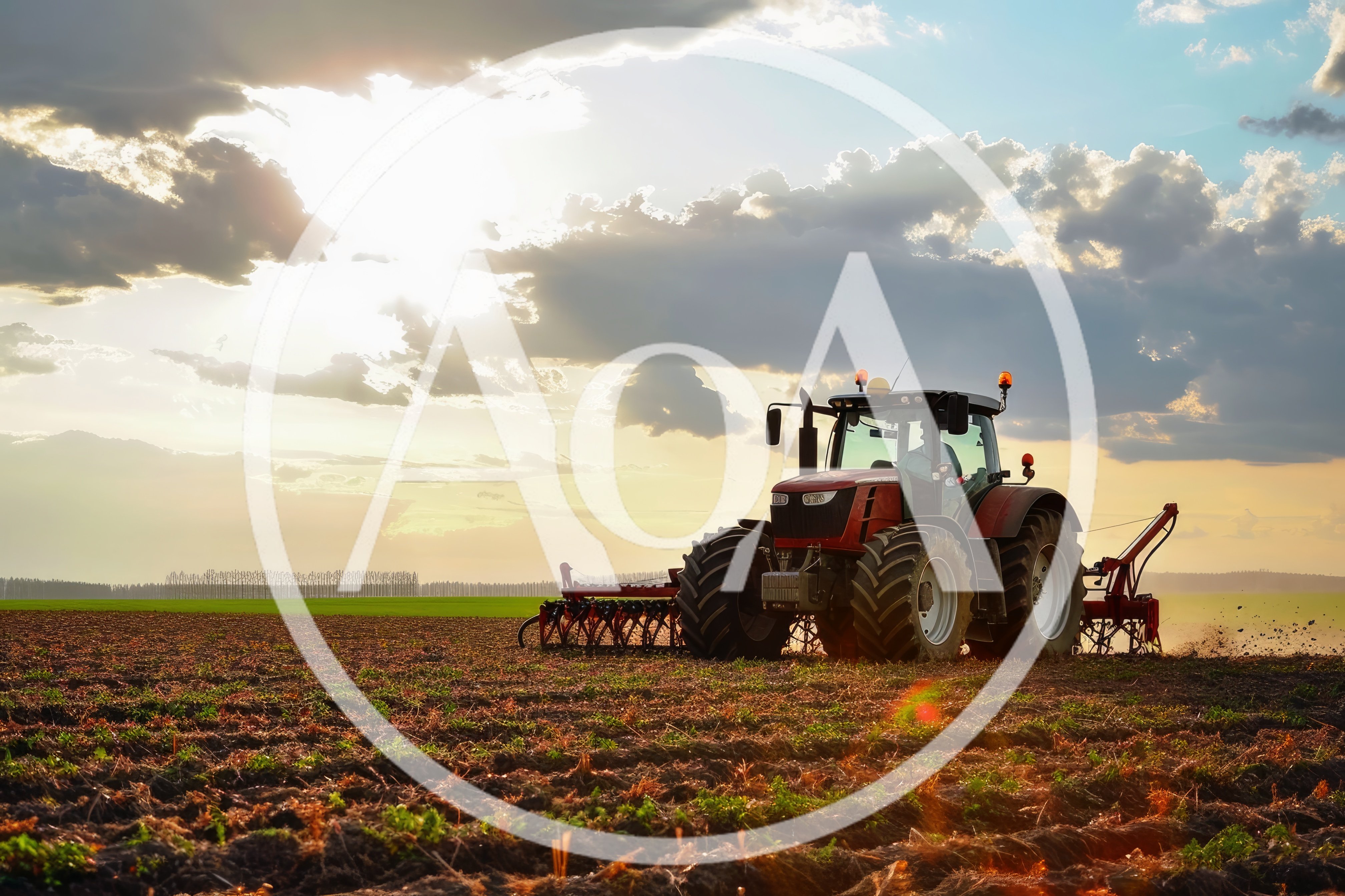 Red Tractor Tilling Soil In Agricultural Field At Sunset