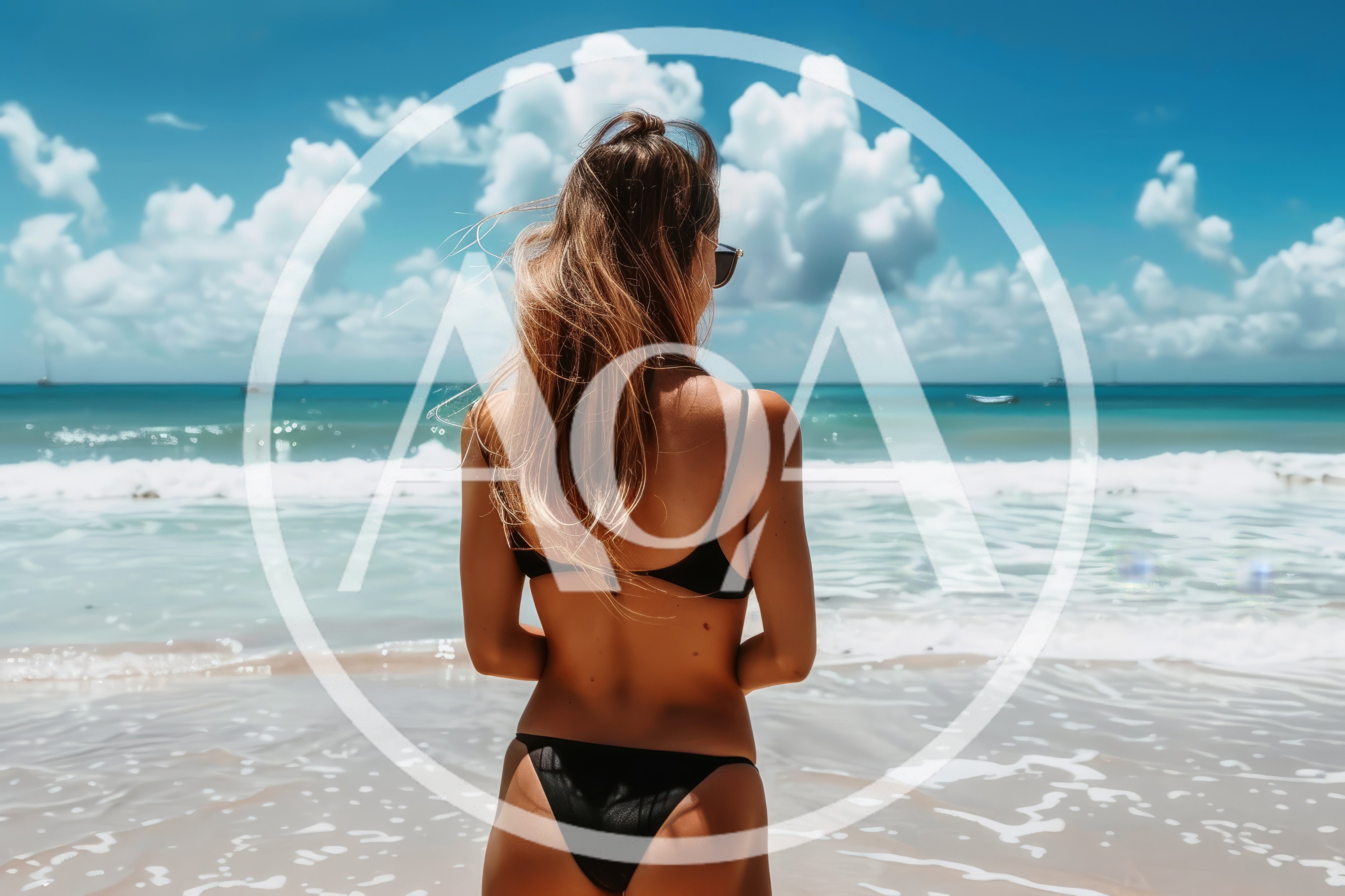 Woman Standing In Ocean Waves At Tropical Beach