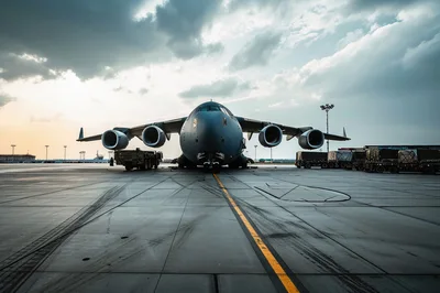 Military Cargo Aircraft Parked On Airport Tarmac