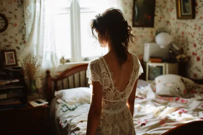 Bride Standing In Bedroom Before Wedding Ceremony