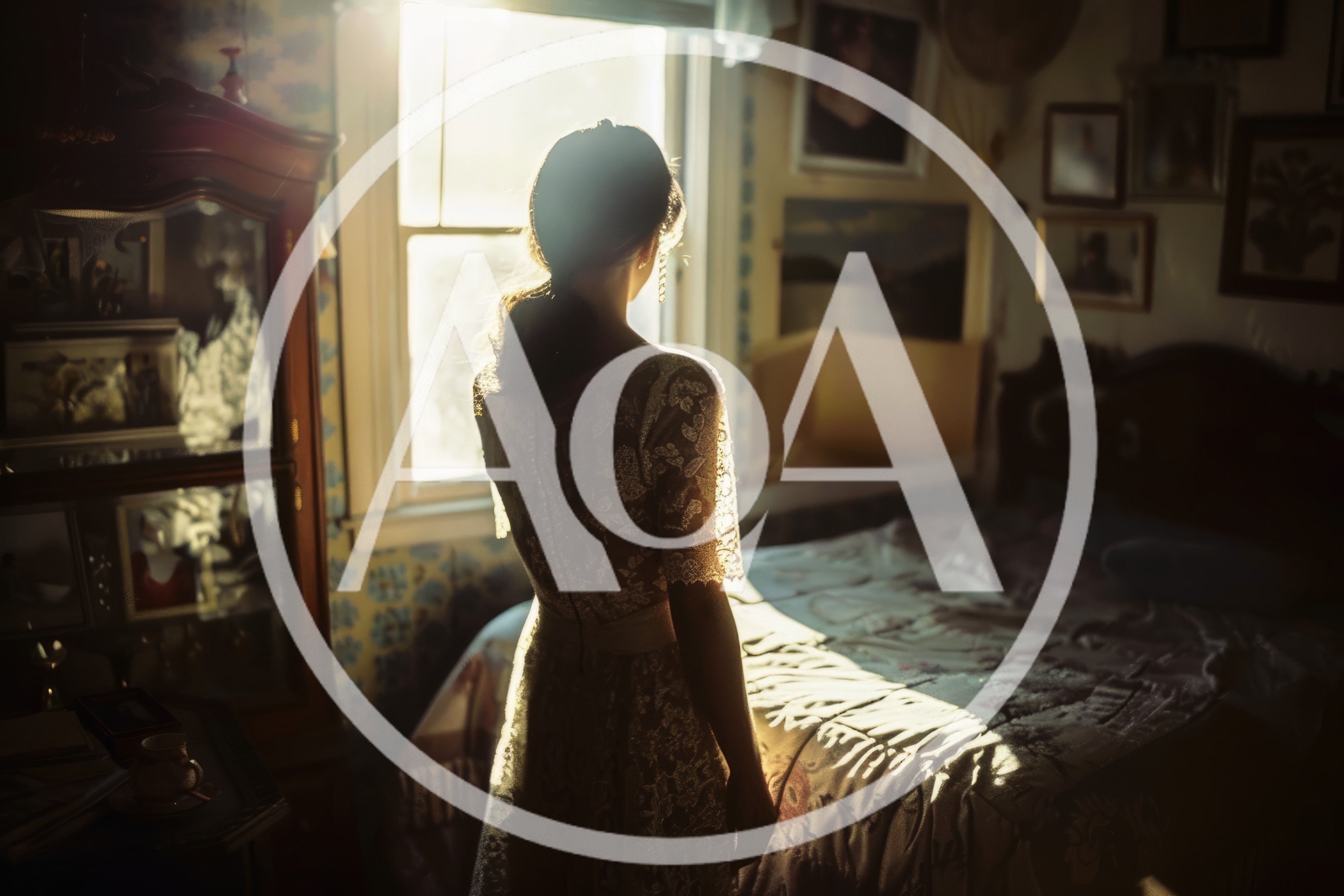 Woman In Lace Dress Standing By Bedroom Window