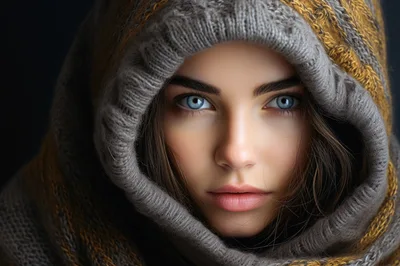 Portrait Of A Young Woman Wearing A Knitted Hood