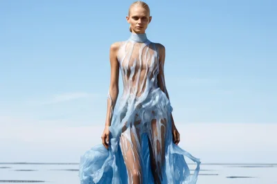 Fashion Model Wearing Liquid Blue Avant-Garde Dress