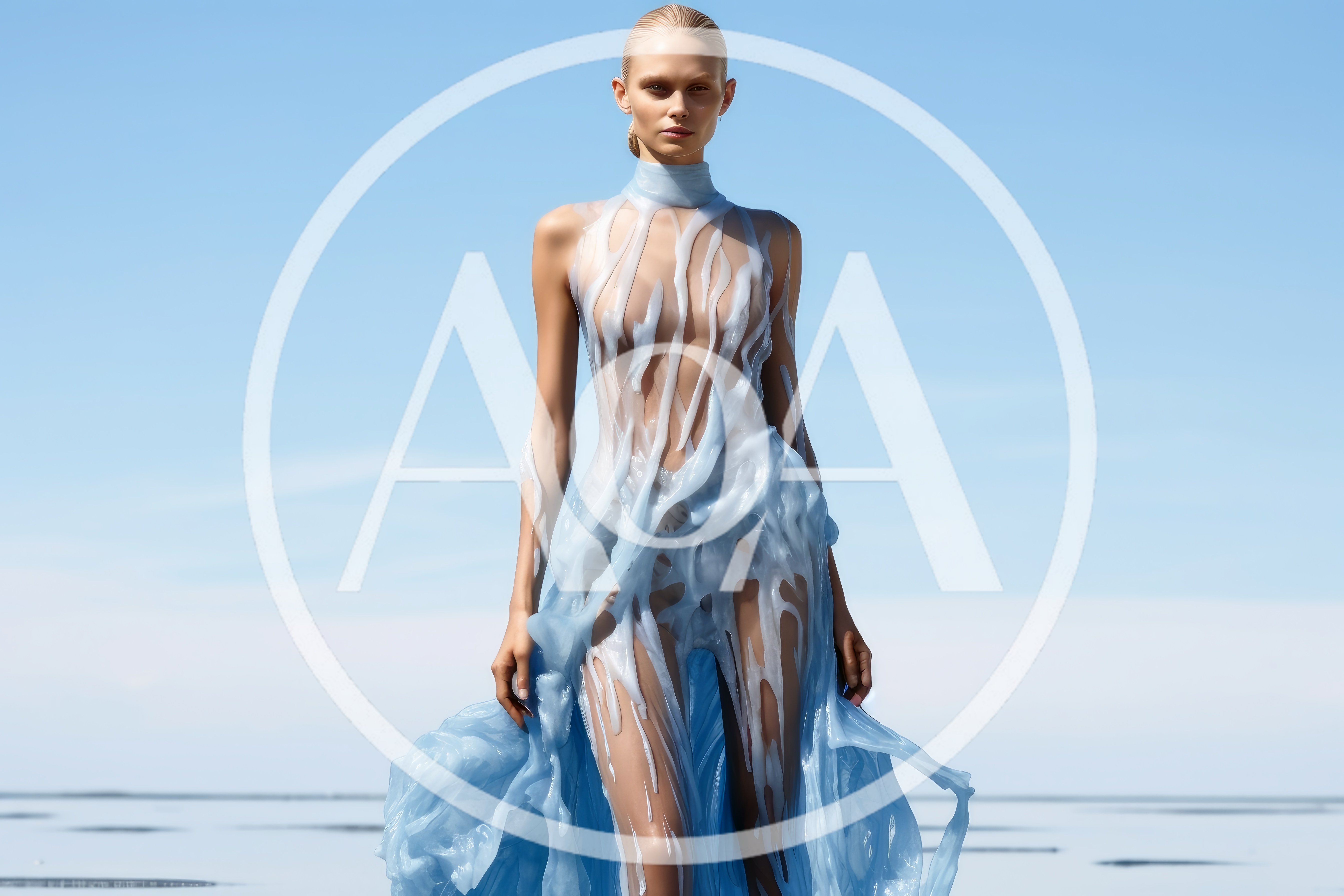 Fashion Model Wearing Liquid Blue Avant-Garde Dress