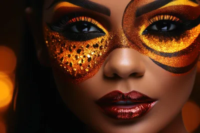 Close Up Portrait Of Woman With Gold Glitter Makeup