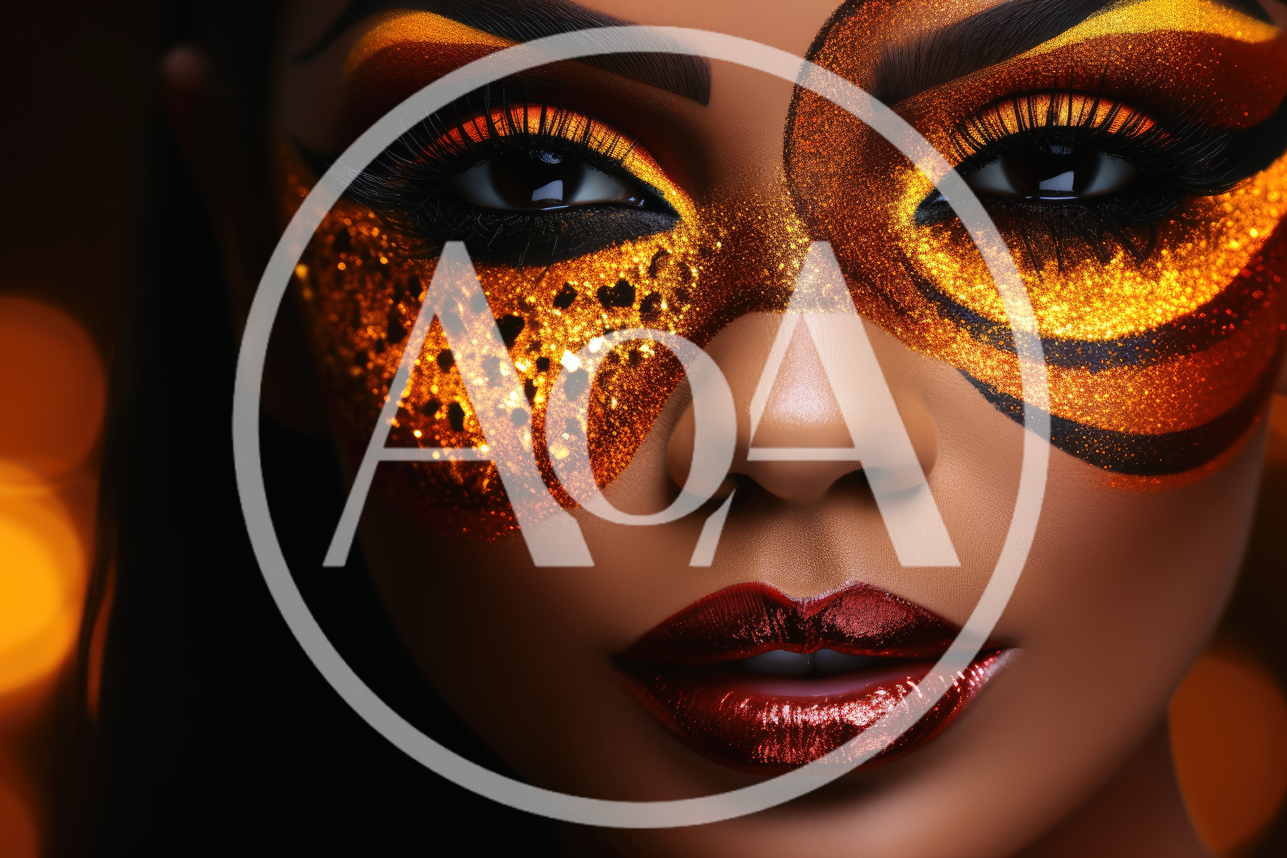 Close Up Portrait Of Woman With Gold Glitter Makeup