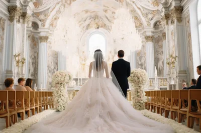Bride and Groom Standing at Altar in Grand Cathedral