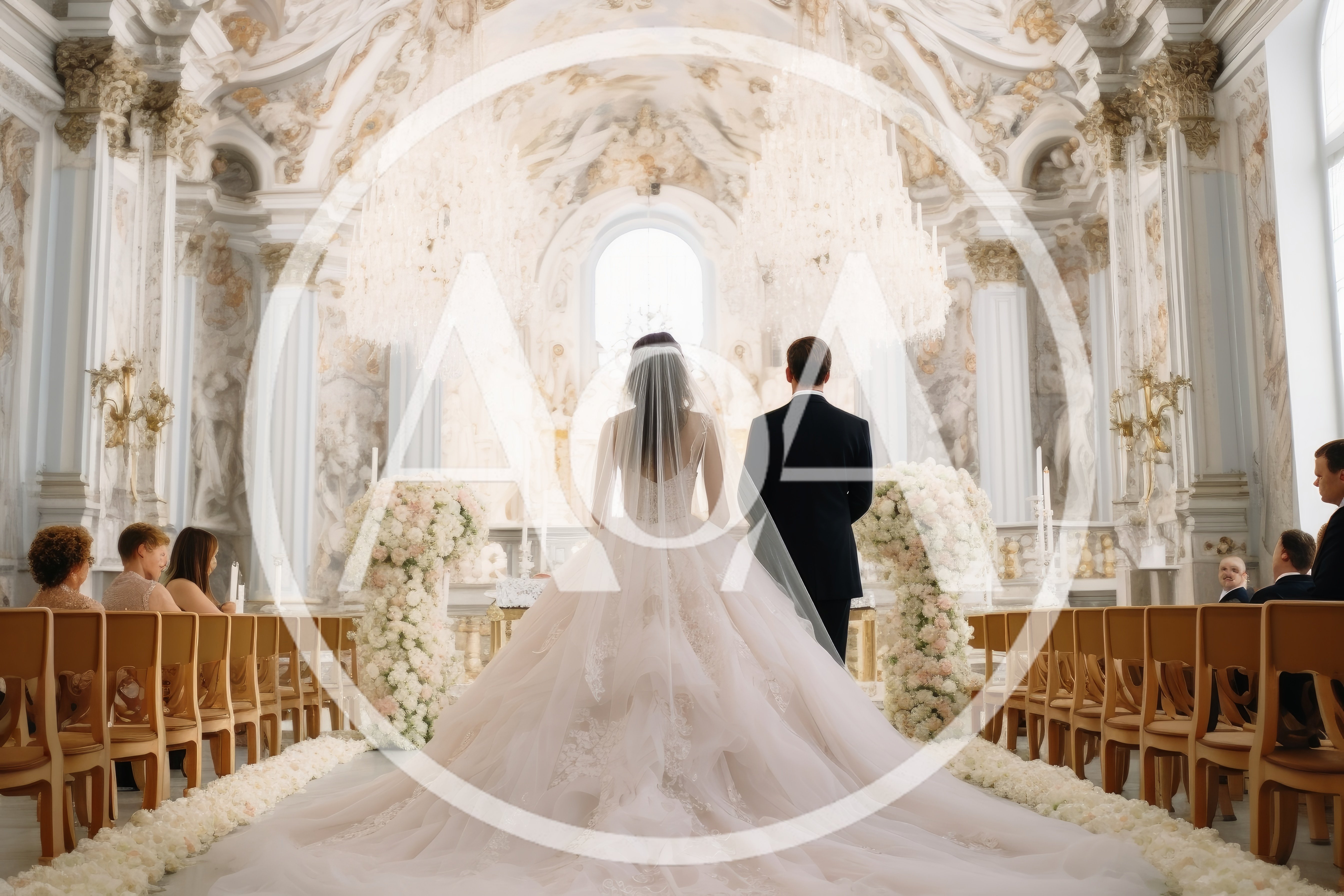 Bride and Groom Standing at Altar in Grand Cathedral