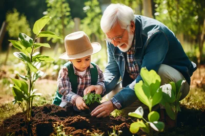 Grandfather and Grandson Planting a Seedling in Garden