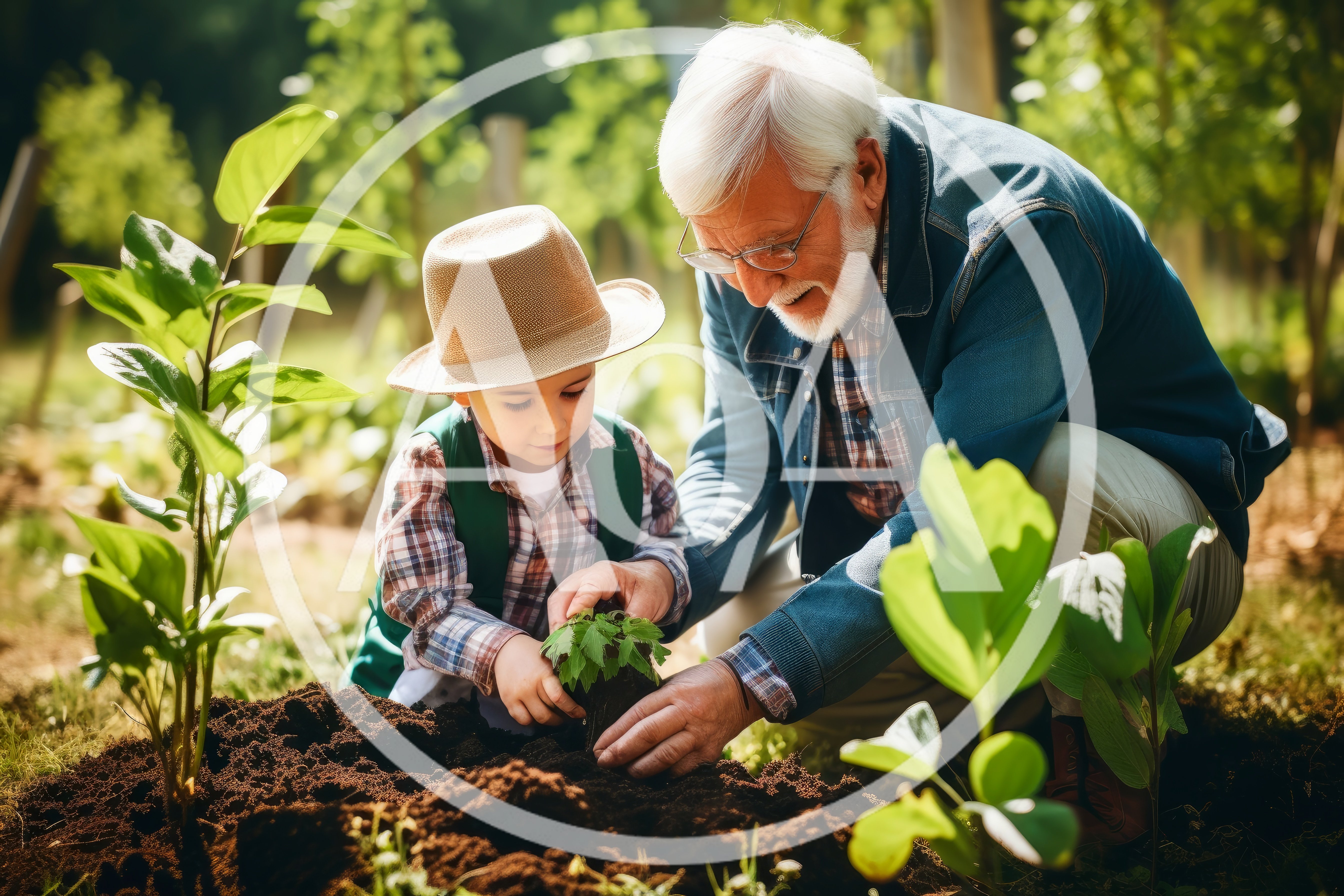 Grandfather and Grandson Planting a Seedling in Garden