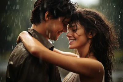Romantic Couple Embracing Under Heavy Rain