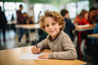 Young Boy Writing At Desk In Classroom