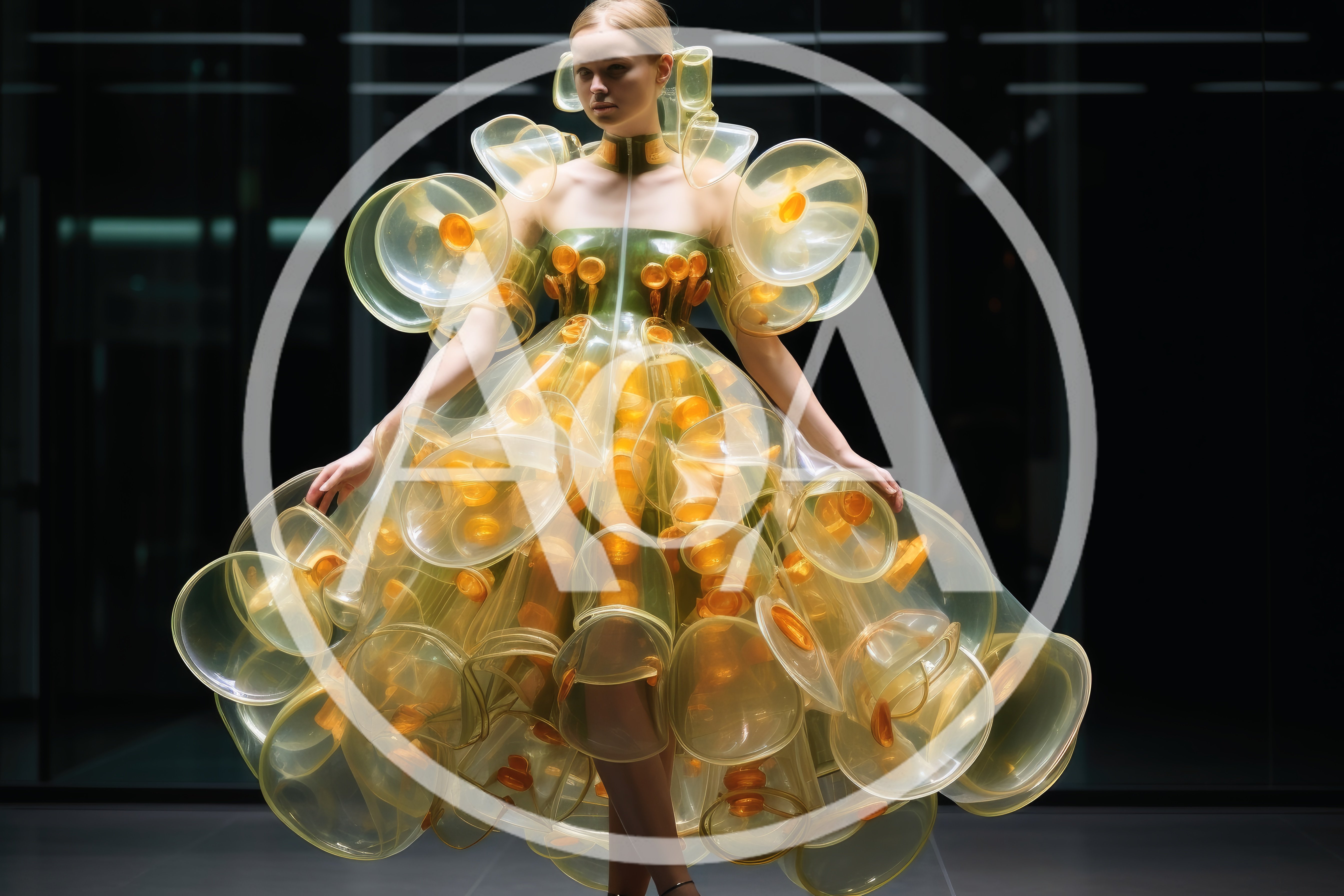 Model Wearing Avant Garde Plastic Bubble Dress