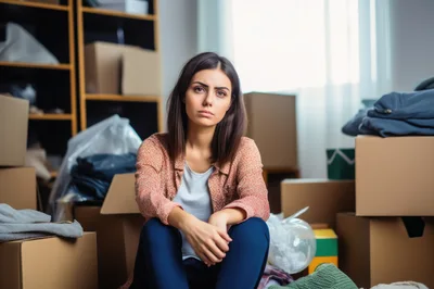 Stressed Young Woman Sitting Among Moving Boxes