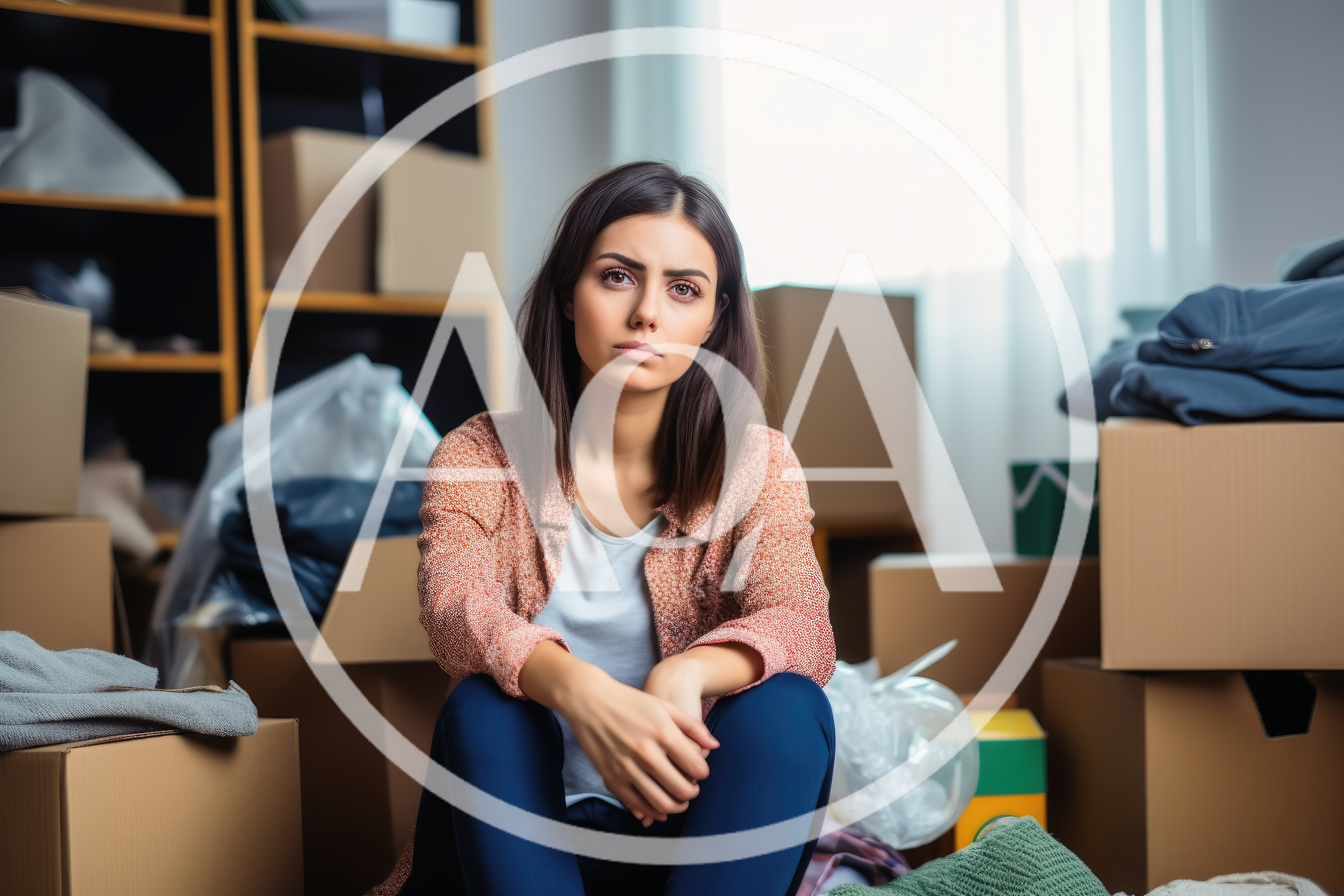 Stressed Young Woman Sitting Among Moving Boxes